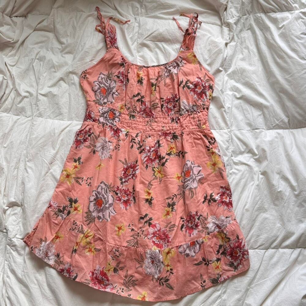 Peach floral baby doll‎ sleeveless dress sz XL ruched bows romantic cottagecore